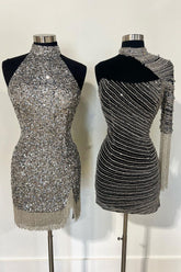 Bodycon One Shoulder Champagne Short Homecoming Dress with Beading Tassel